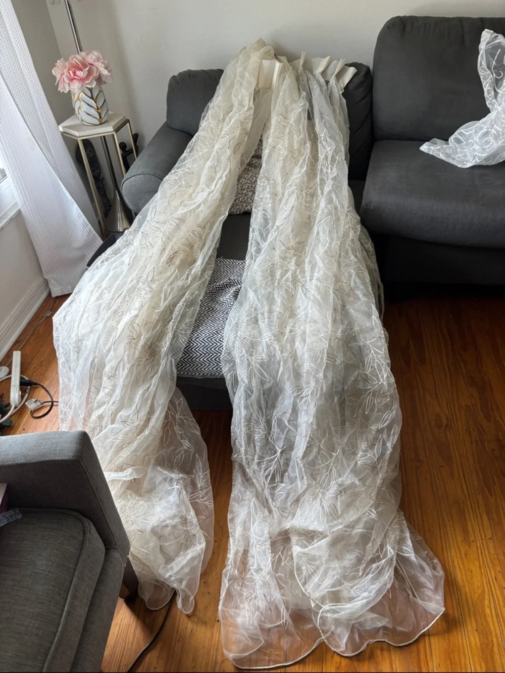 Sheer Embroidered Leaf Curtain Panel Set- Ivory 105” long 56” wide